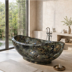Yuna Celestia Blue Quartzite freestanding bathtub in a soft natural-light spa and wellness interior, styled visualization