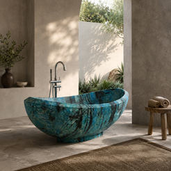 Yuna Danube Blue Quartzite bathtub in a serene courtyard spa and wellness bathroom with soft natural light, styled visualization