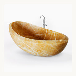 Yuna Honey Onyx freestanding soaking bathtub, elevated three-quarter studio visualization