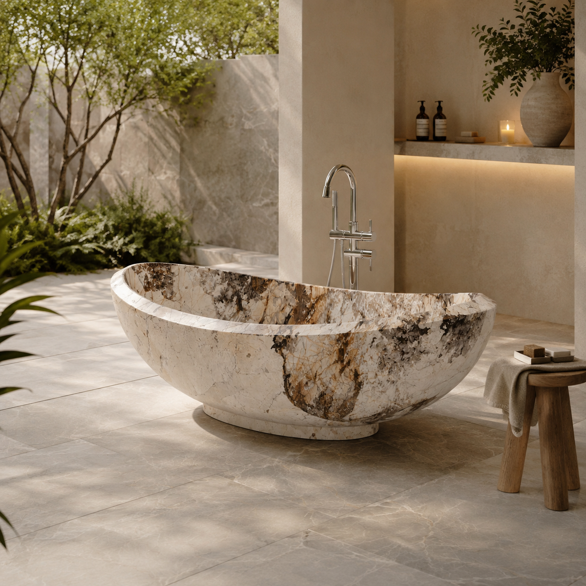 Yuna Pandora Blanc Quartzite soaking bathtub in a courtyard spa and wellness bathroom, styled visualization