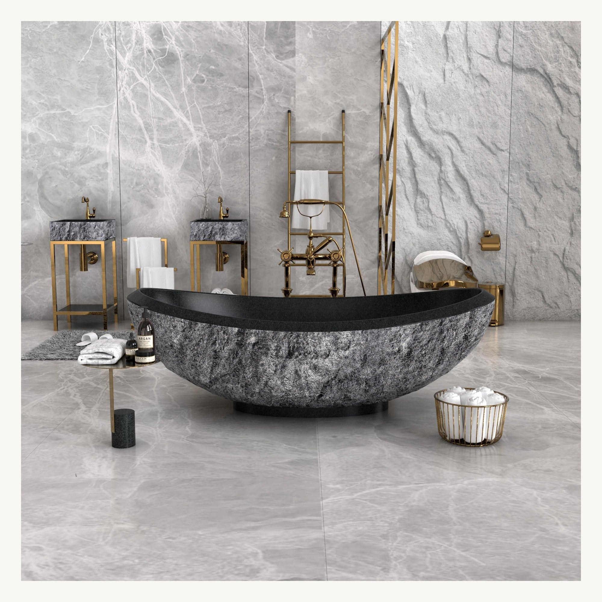 Yura Neroco Granite boat-shaped soaking bathtub, centered front view