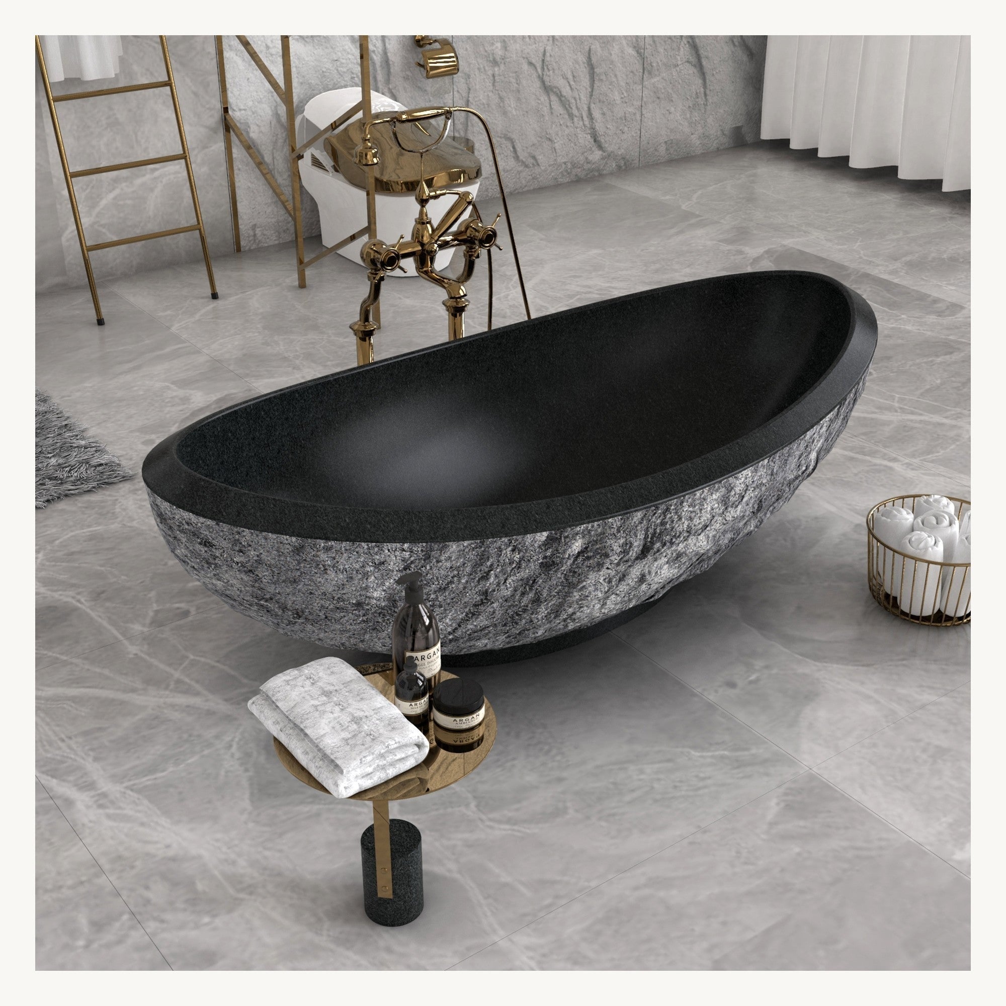 Yura boat-shaped Neroco Granite freestanding soaking bathtub in a styled bathroom setting