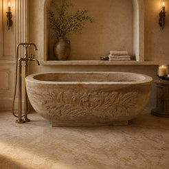 YVANA Brown Travertine bathtub with hand-carved floral relief, styled product visualization