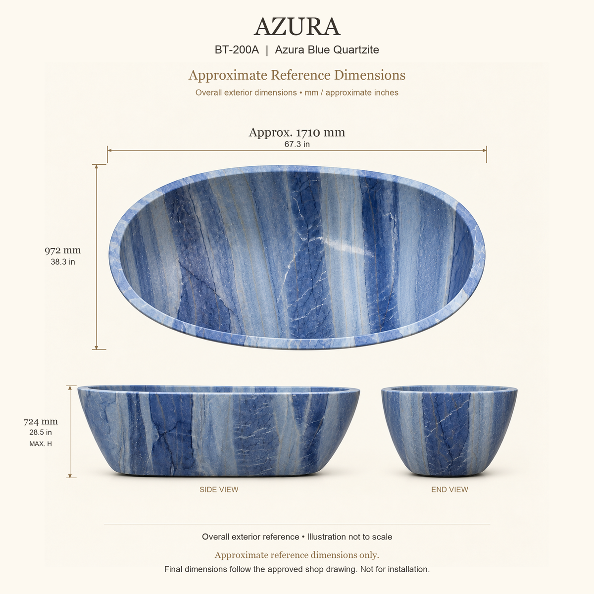 Azura BT-200A Azura Blue Quartzite bathtub approximate reference dimensions: approximately 1710 × 972 × 724 mm (L × W × maximum overall H). Final dimensions follow the approved shop drawing; not for installation.