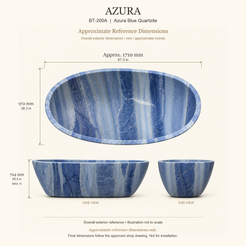 Azura BT-200A Azura Blue Quartzite bathtub approximate reference dimensions: approximately 1710 × 972 × 724 mm (L × W × maximum overall H). Final dimensions follow the approved shop drawing; not for installation.