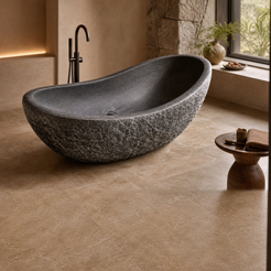 Noira BT-070A Absolute Black Granite bathtub — hero lifestyle, square presentation.