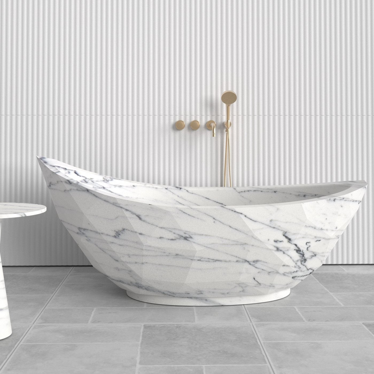 Arcelia BT-136A Carrara White Marble sculptural double-ended freestanding bathtub design rendering, three-quarter view