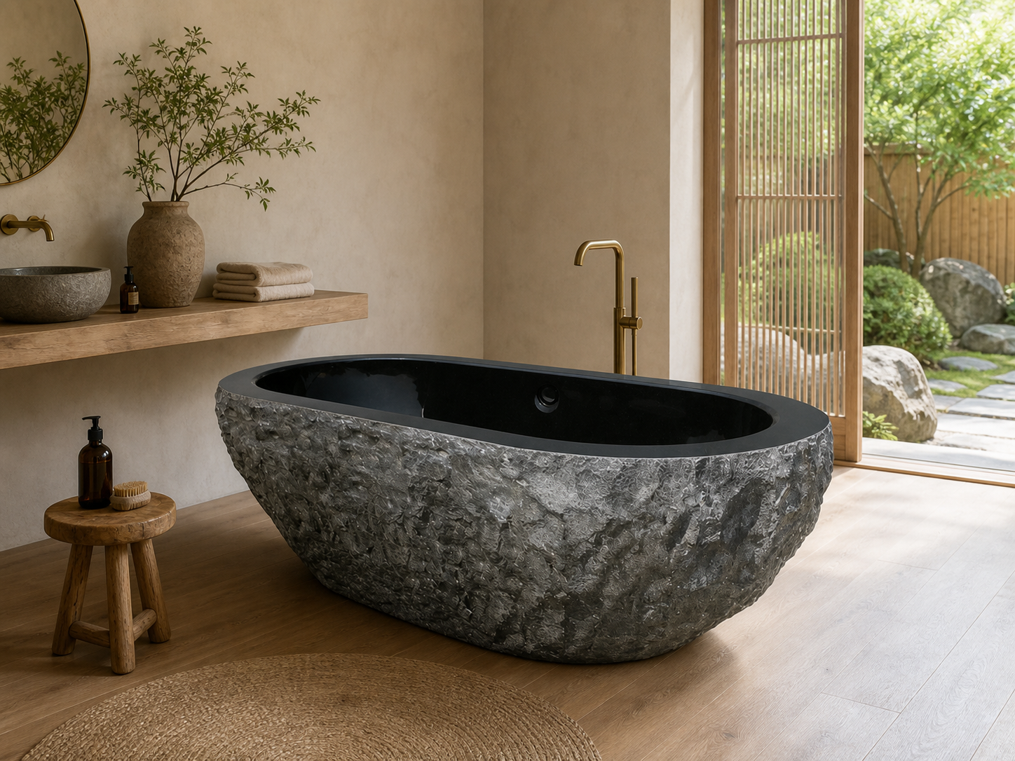 Arden natural-face granite soaking bathtub in a Japanese-inspired bathroom, styled visualization