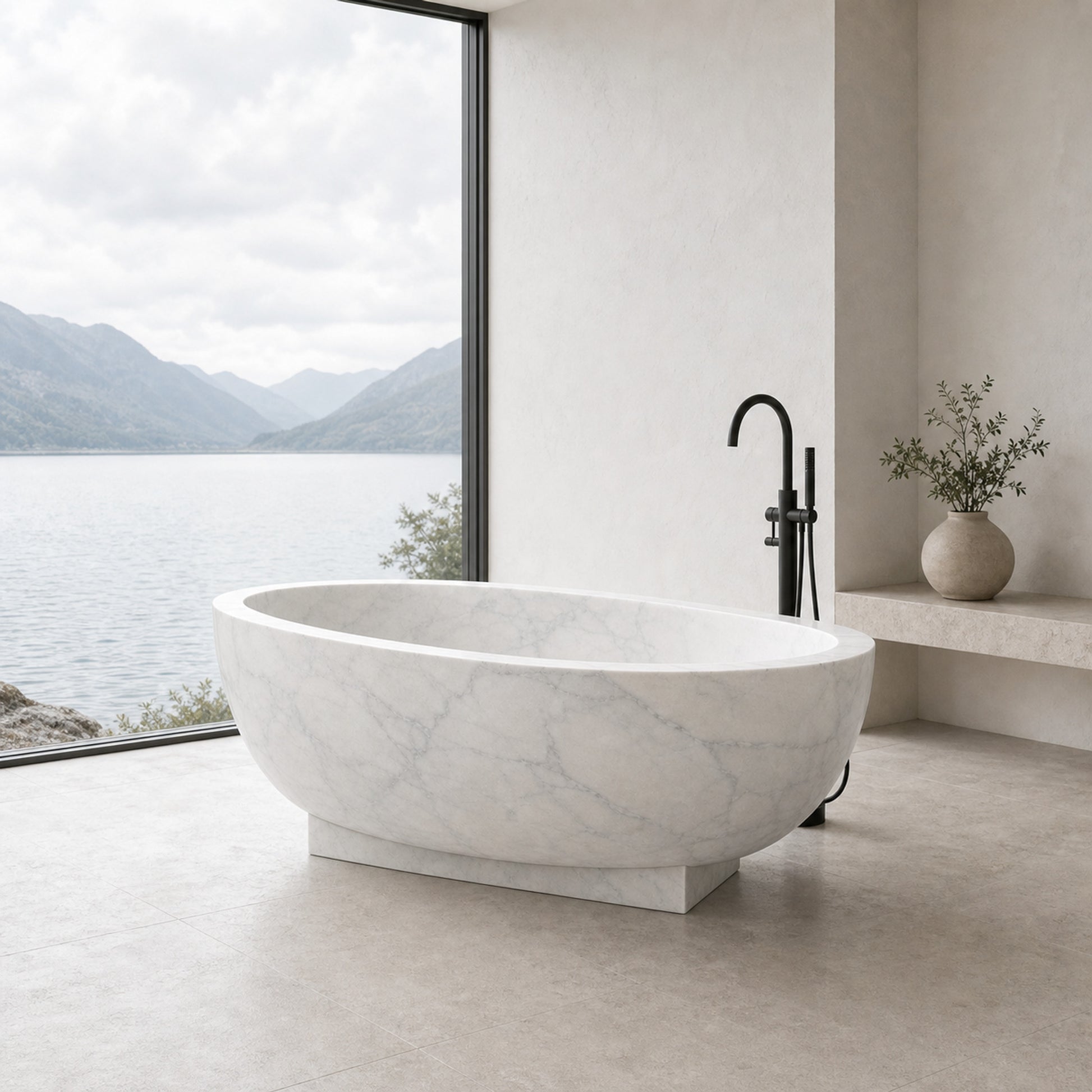 Aurelia Ivory Cloud Marble pedestal bathtub in a lake-view bathroom, styled visualization