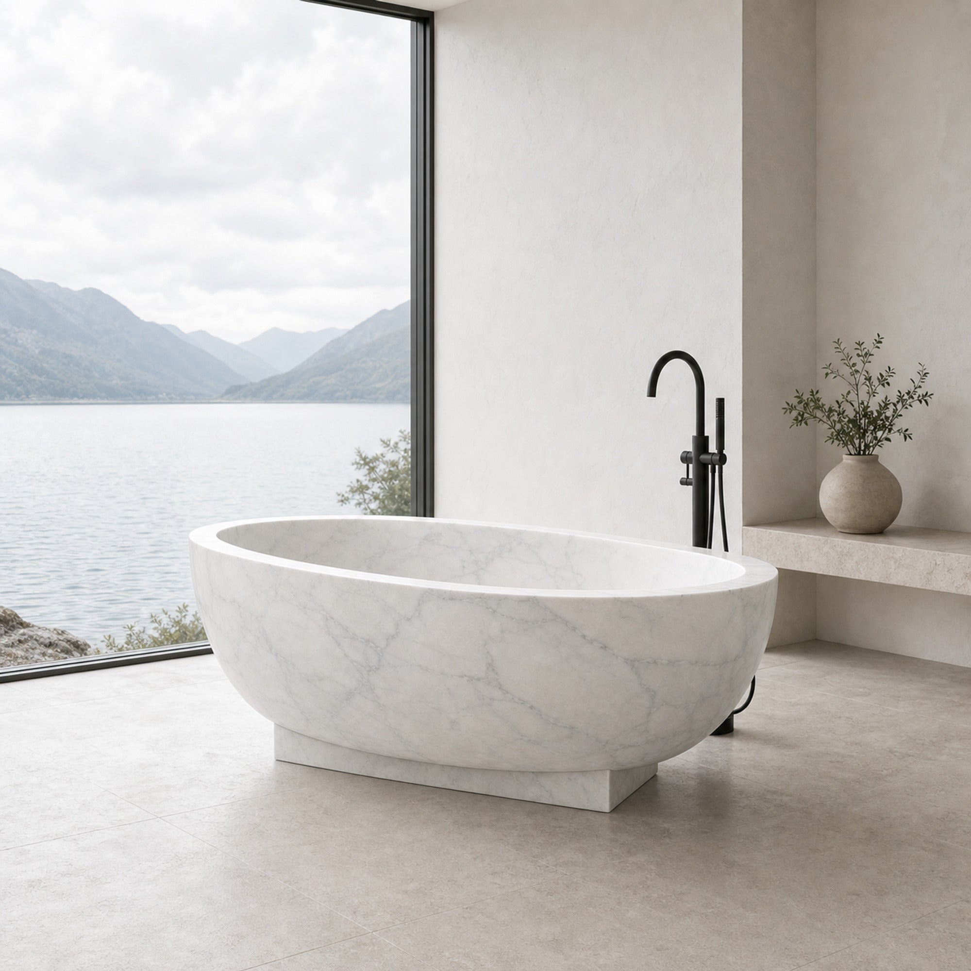 Aurelia Ivory Cloud Marble pedestal bathtub in a lake-view bathroom, styled visualization