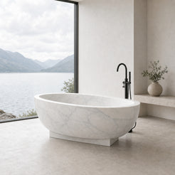Aurelia Ivory Cloud Marble pedestal bathtub in a lake-view bathroom, styled visualization