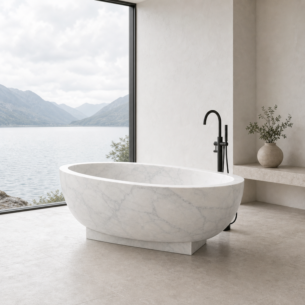 Aurelia Ivory Cloud Marble pedestal bathtub in a lake-view bathroom styled visualization