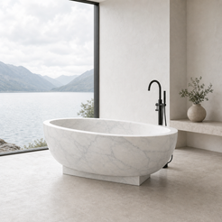 Aurelia Ivory Cloud Marble pedestal bathtub in a lake-view bathroom styled visualization