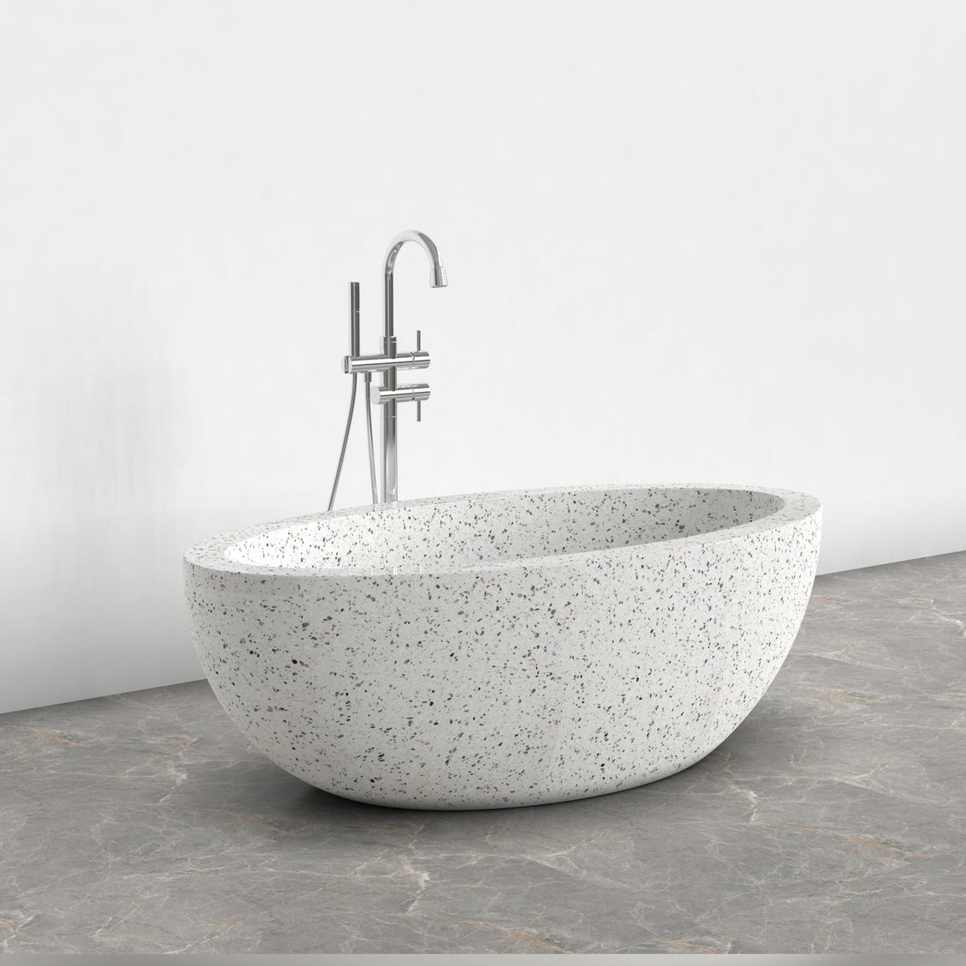 Aveline Alba White Terrazzo freestanding soaking bathtub, full-frame studio three-quarter view