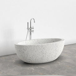 Aveline Alba White Terrazzo freestanding soaking bathtub, full-frame studio three-quarter view