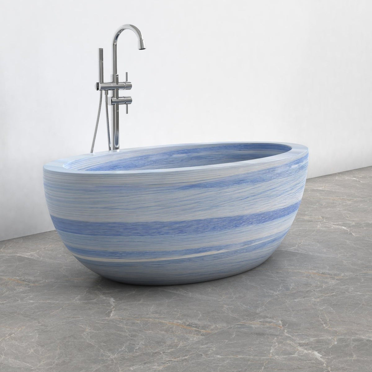 Aveline Azura Blue Quartzite freestanding soaking bathtub, full-frame studio three-quarter view