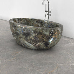 Aveline Celestia Blue Quartzite freestanding soaking bathtub, full-frame studio three-quarter view