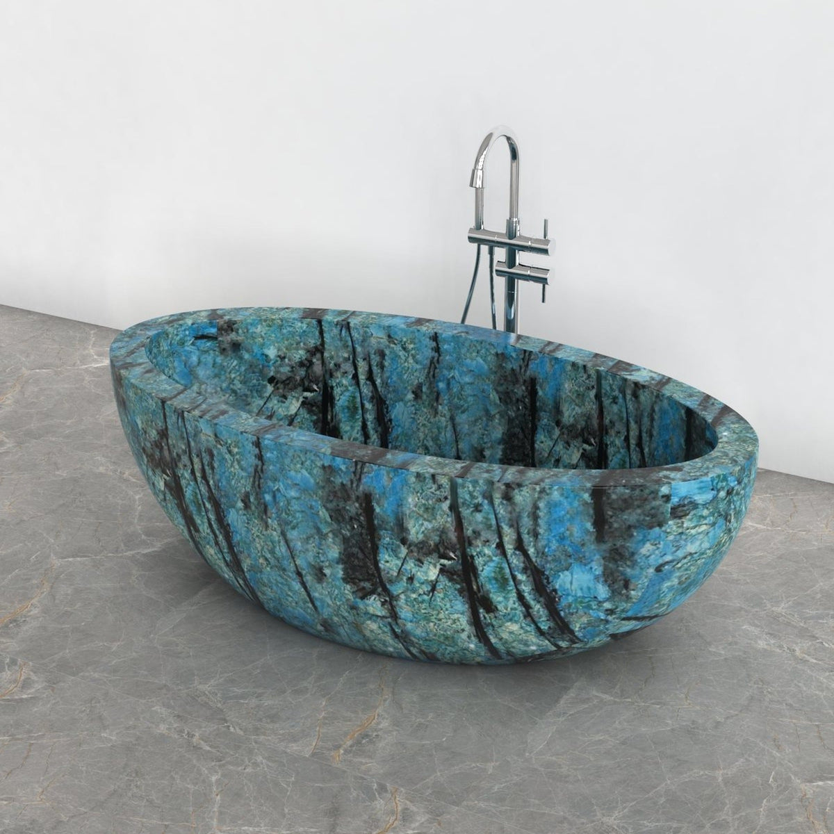 Aveline Danube Blue Quartzite freestanding soaking bathtub, full-frame studio three-quarter view
