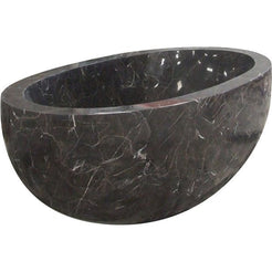 Aveline oval freestanding Dark Emperador Marble soaking bathtub, full-frame studio three-quarter view