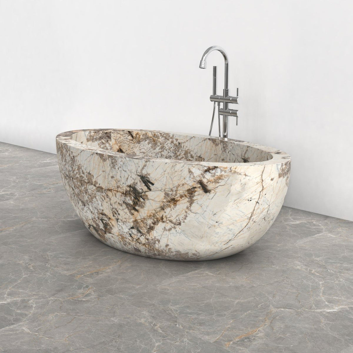 Aveline Pandora Blanc Quartzite freestanding soaking bathtub, full-frame studio three-quarter view