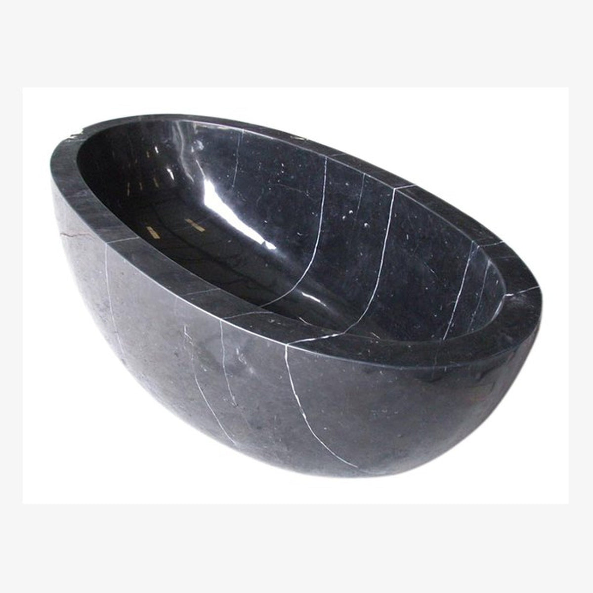 Aveline Portoro Black Marble freestanding soaking bathtub, full-frame studio three-quarter view