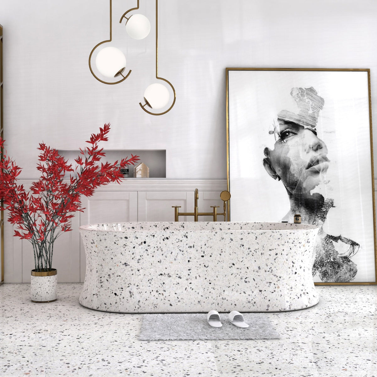 Avena BT-129A Alba White Terrazzo freestanding bathtub design rendering, three-quarter view
