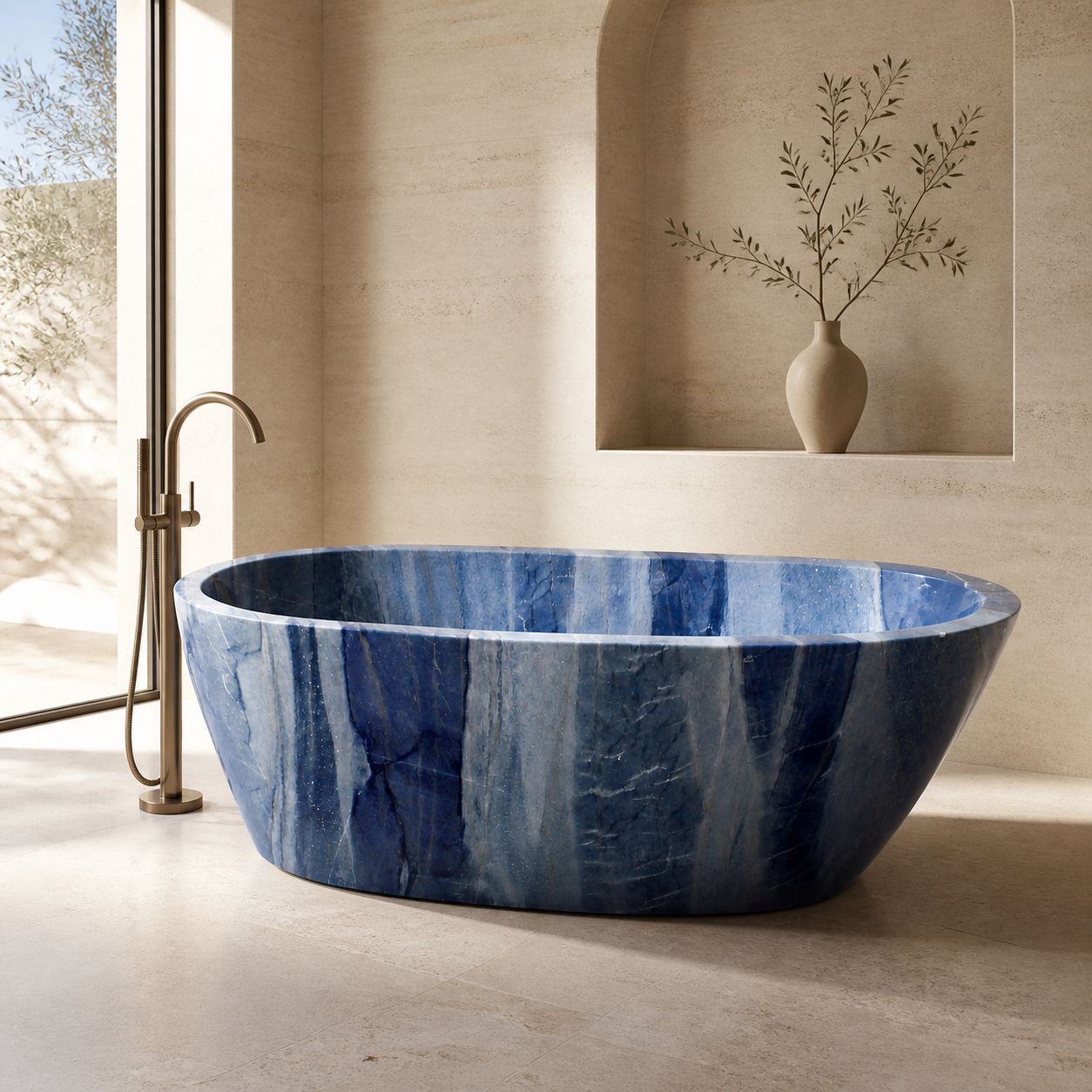 Azura Blue Quartzite freestanding bathtub in a warm luxury bathroom visualization