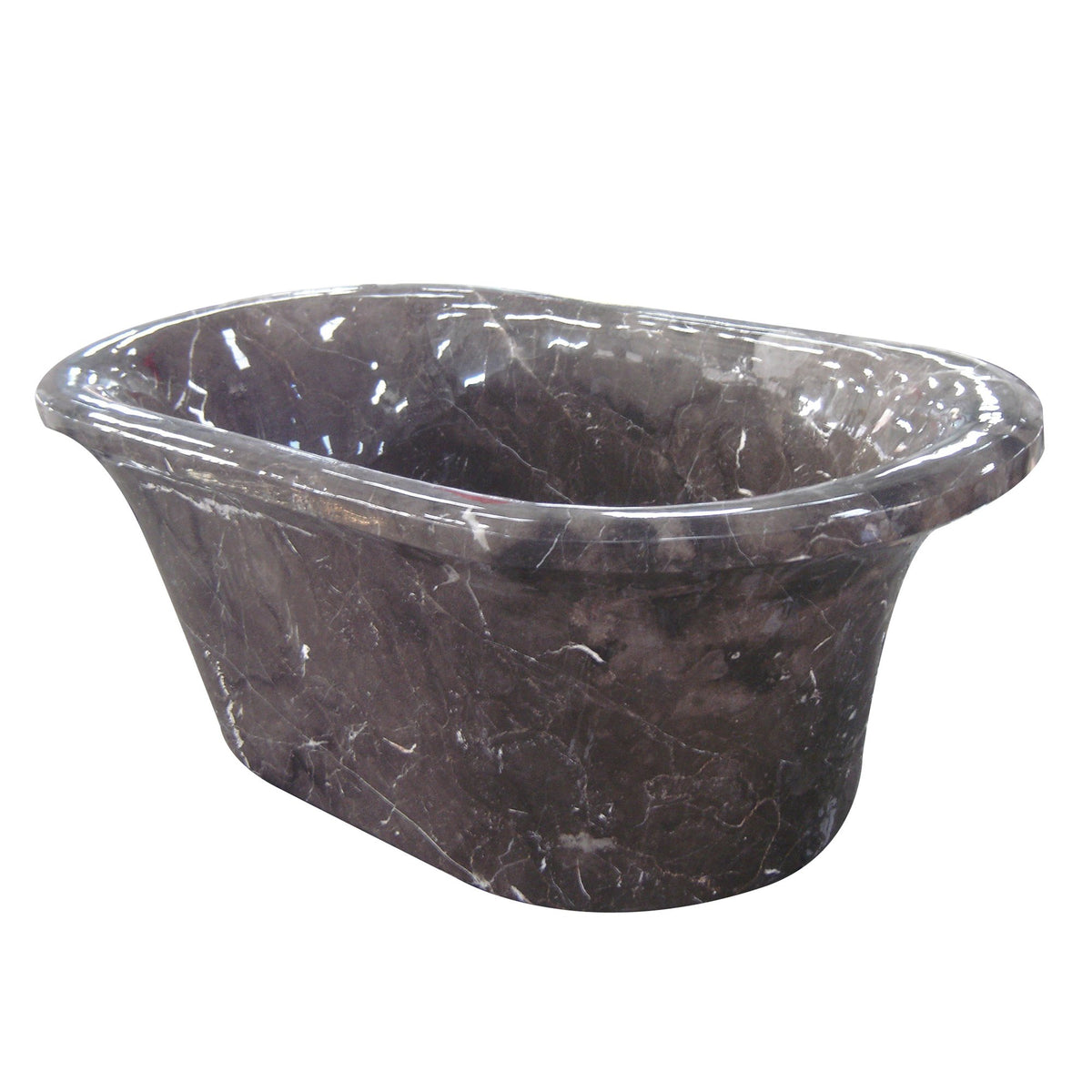 Bellora Dark Emperador Marble flared-rim bathtub, studio three-quarter visualization