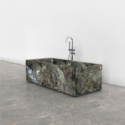 Caelira Celestia Blue Quartzite rectangular bathtub, studio three-quarter visualization