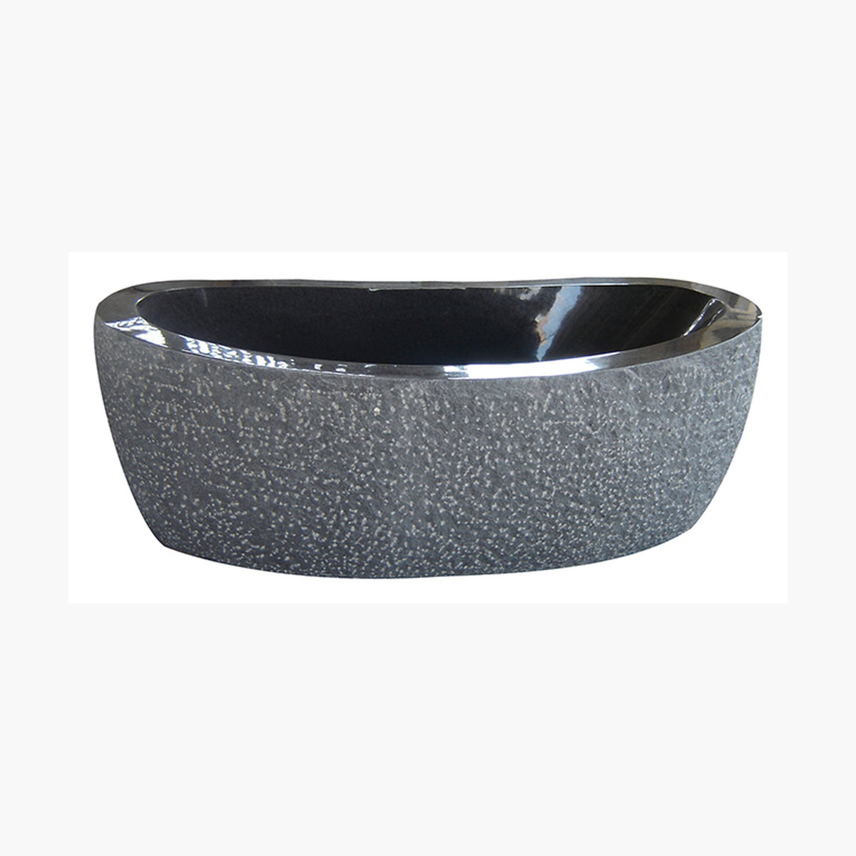 Calia Absolute Black Granite soaking bathtub with hand-chiseled exterior and polished interior, studio three-quarter visualization