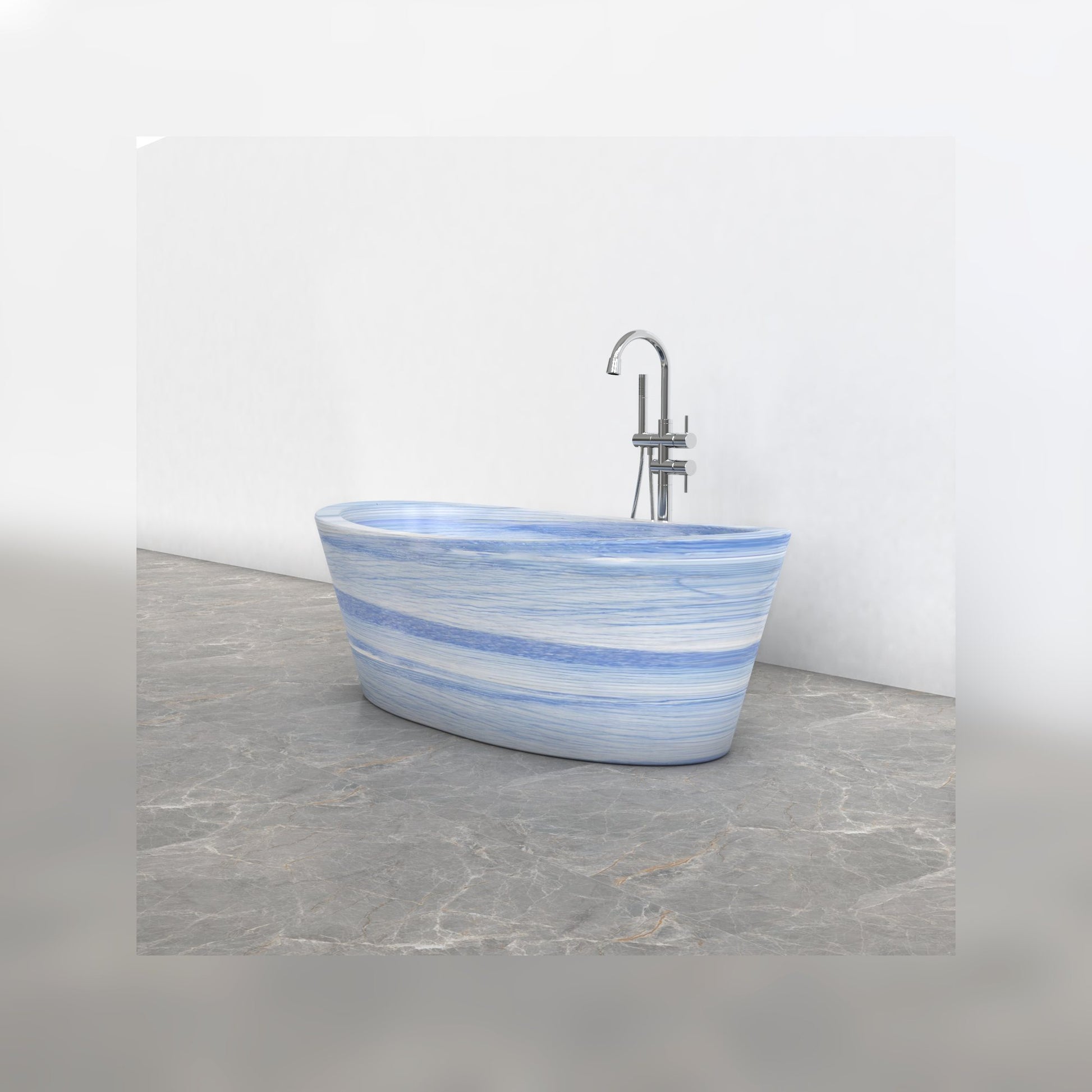 Calia Azura Blue Quartzite soaking bathtub, studio three-quarter visualization