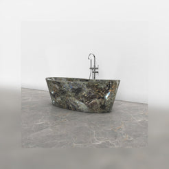 Calia Celestia Blue Quartzite soaking bathtub, studio three-quarter visualization