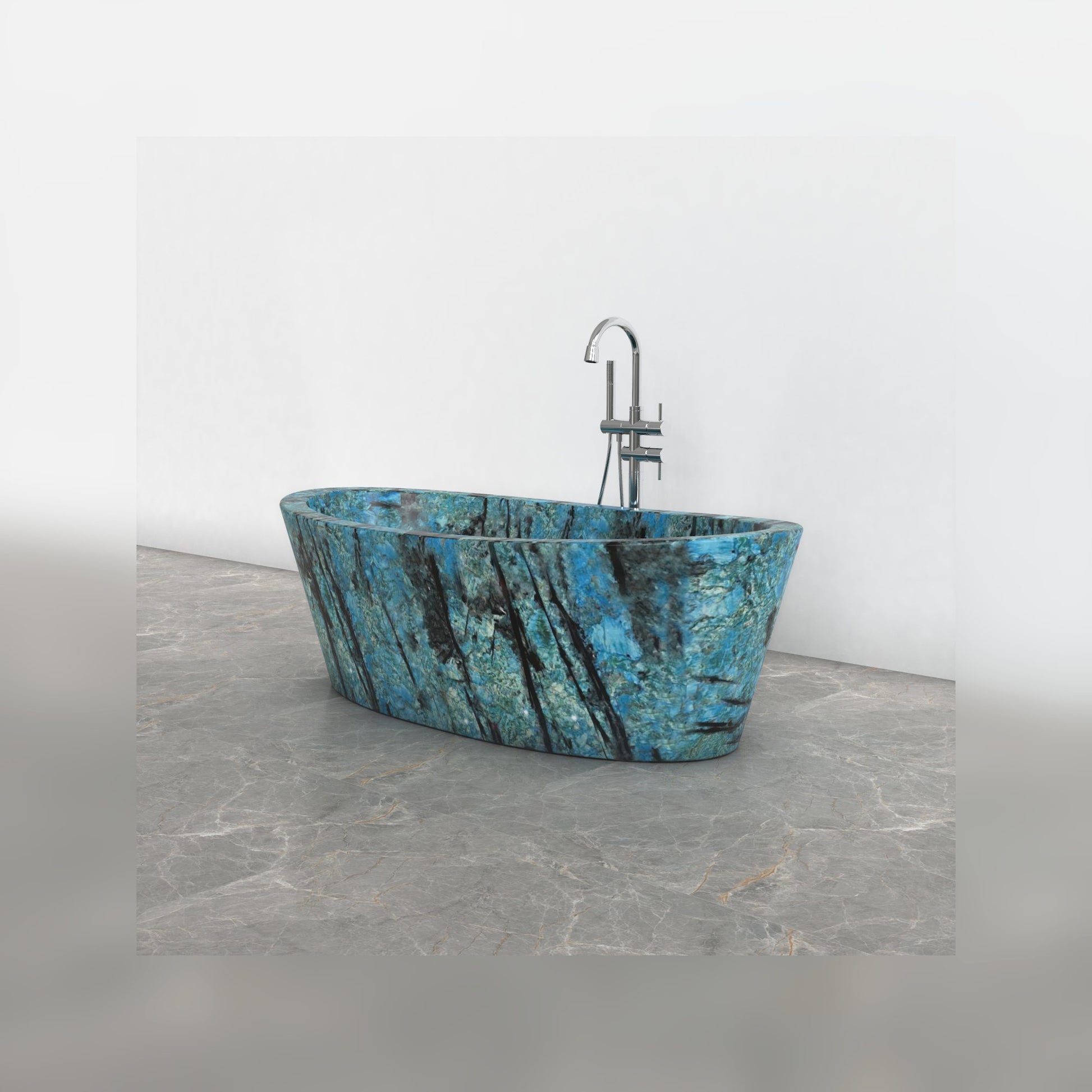 Calia Danube Blue Quartzite soaking bathtub, studio three-quarter visualization