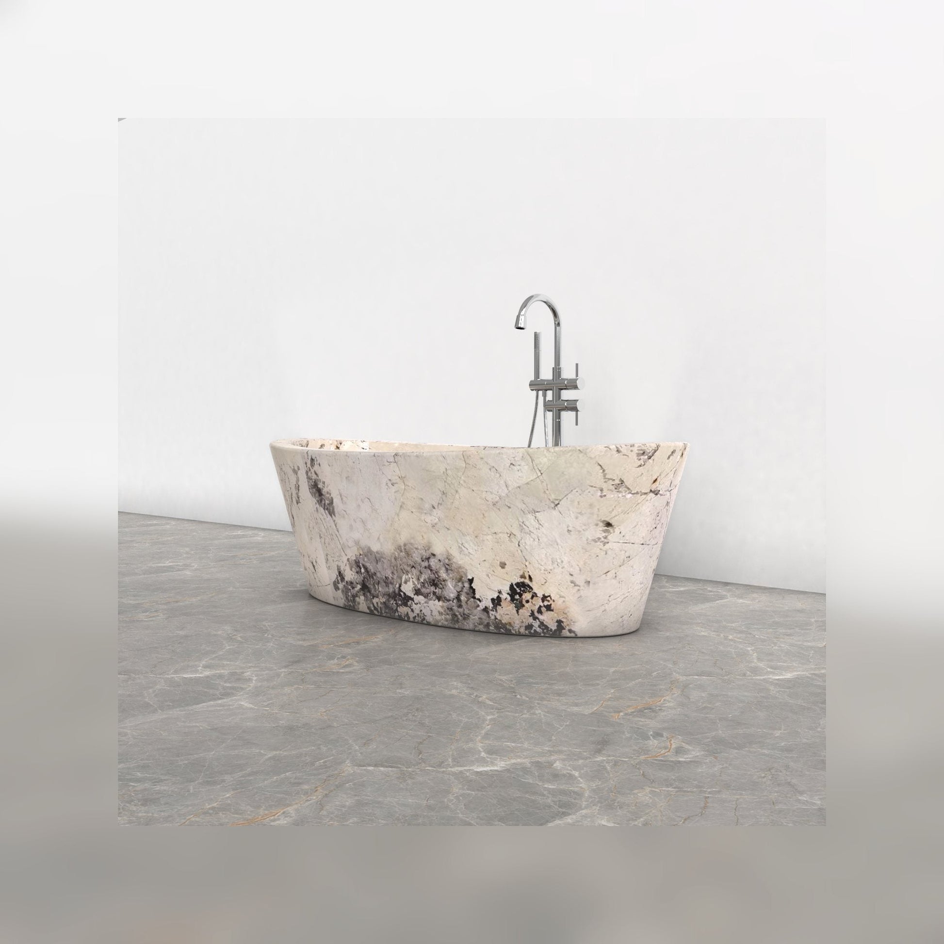 Calia oval freestanding Pandora Blanc Quartzite soaking bathtub, studio three-quarter visualization