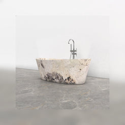 Calia oval freestanding Pandora Blanc Quartzite soaking bathtub, studio three-quarter visualization