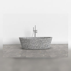 Calia Silver Grey Terrazzo soaking bathtub, studio three-quarter visualization