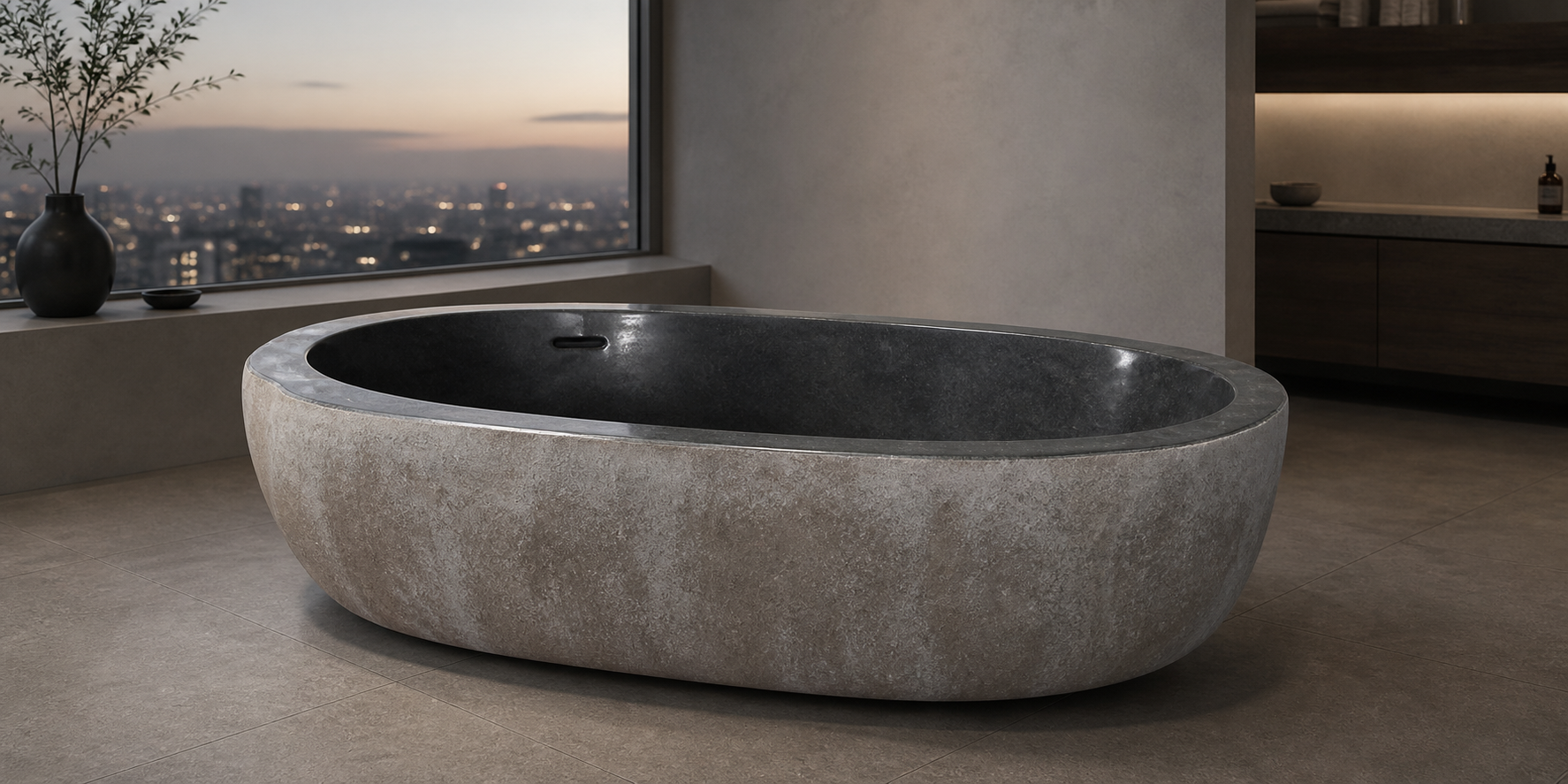 Cavira G654 Gray Granite soaking bathtub in a contemporary penthouse bathroom, styled visualization