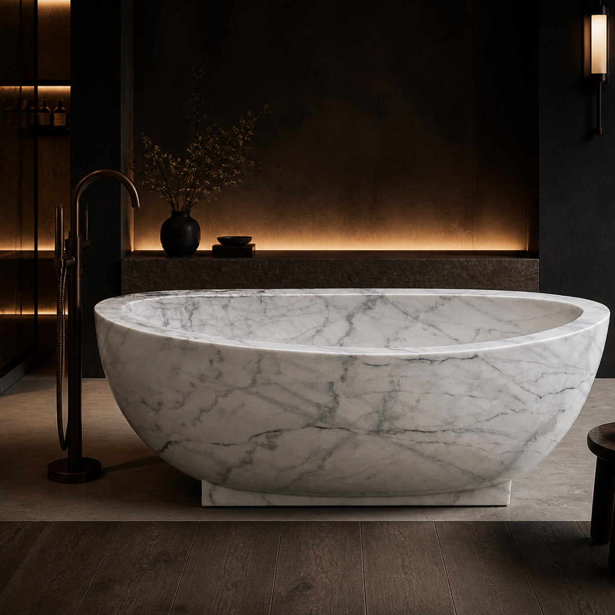 Celeste Ivory Cloud Marble soaking bathtub in a dark hospitality spa, styled visualization