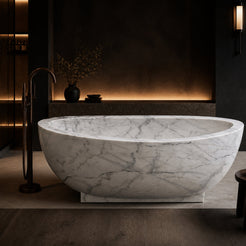 Celeste Ivory Cloud Marble soaking bathtub in a dark hospitality spa, styled visualization