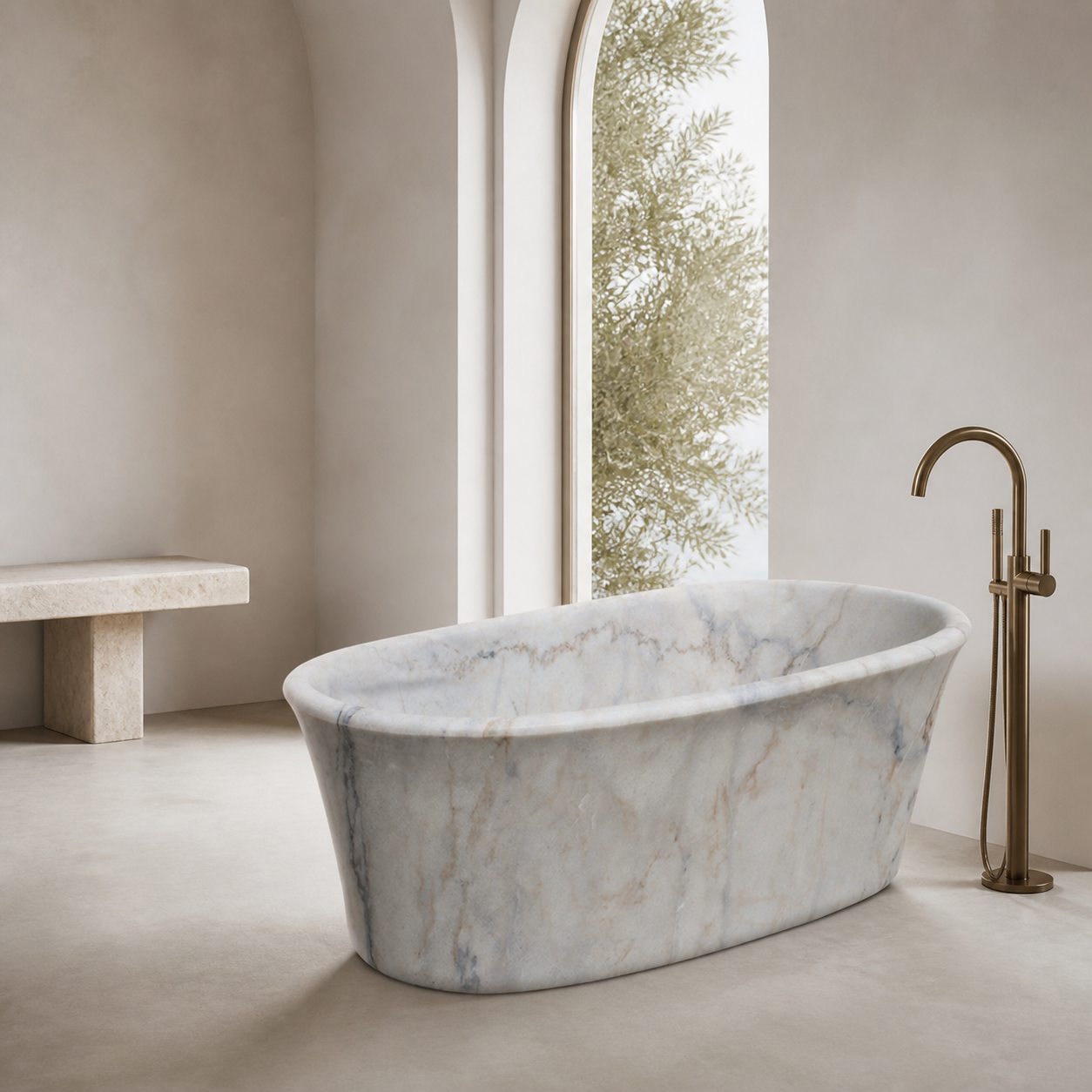 Elara Ivory Cloud Marble rolled-rim bathtub in a bright architectural bathroom styled visualization
