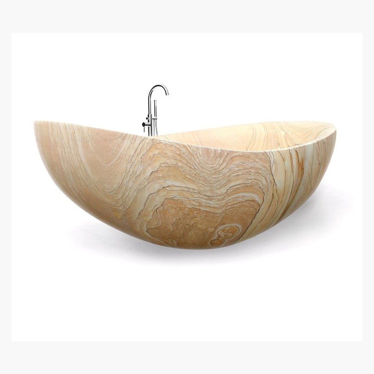 Elaris Natural Sandstone boat-form bathtub, studio reference three-quarter visualization