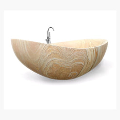 Elaris Natural Sandstone boat-form bathtub, studio reference three-quarter visualization