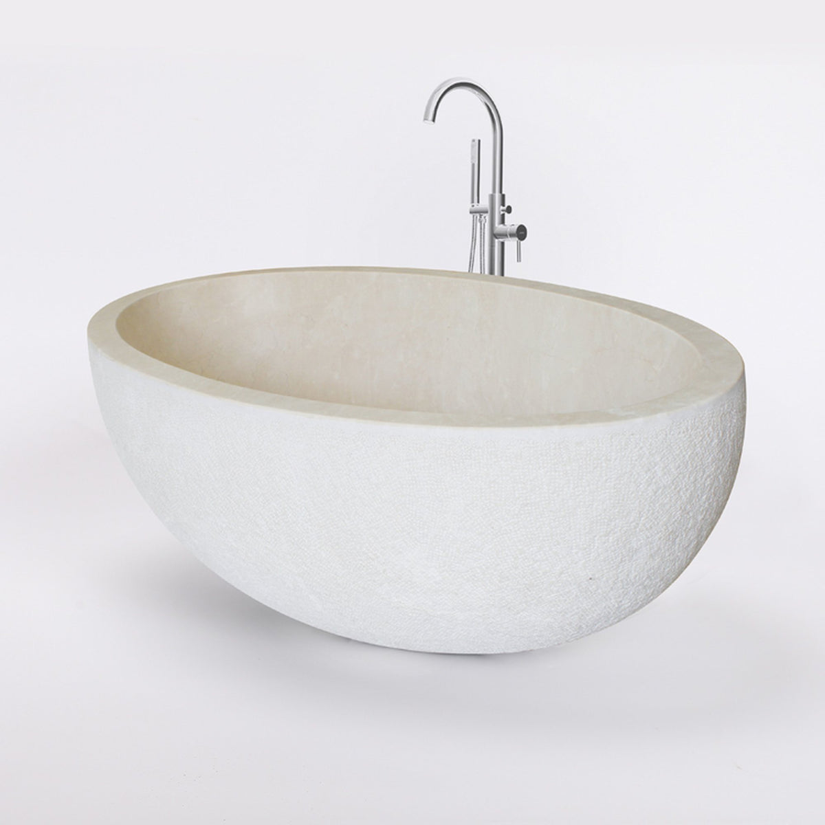 Evania Crema Marfil Extra Marble bathtub with hand-chiseled exterior and polished interior, studio three-quarter visualization