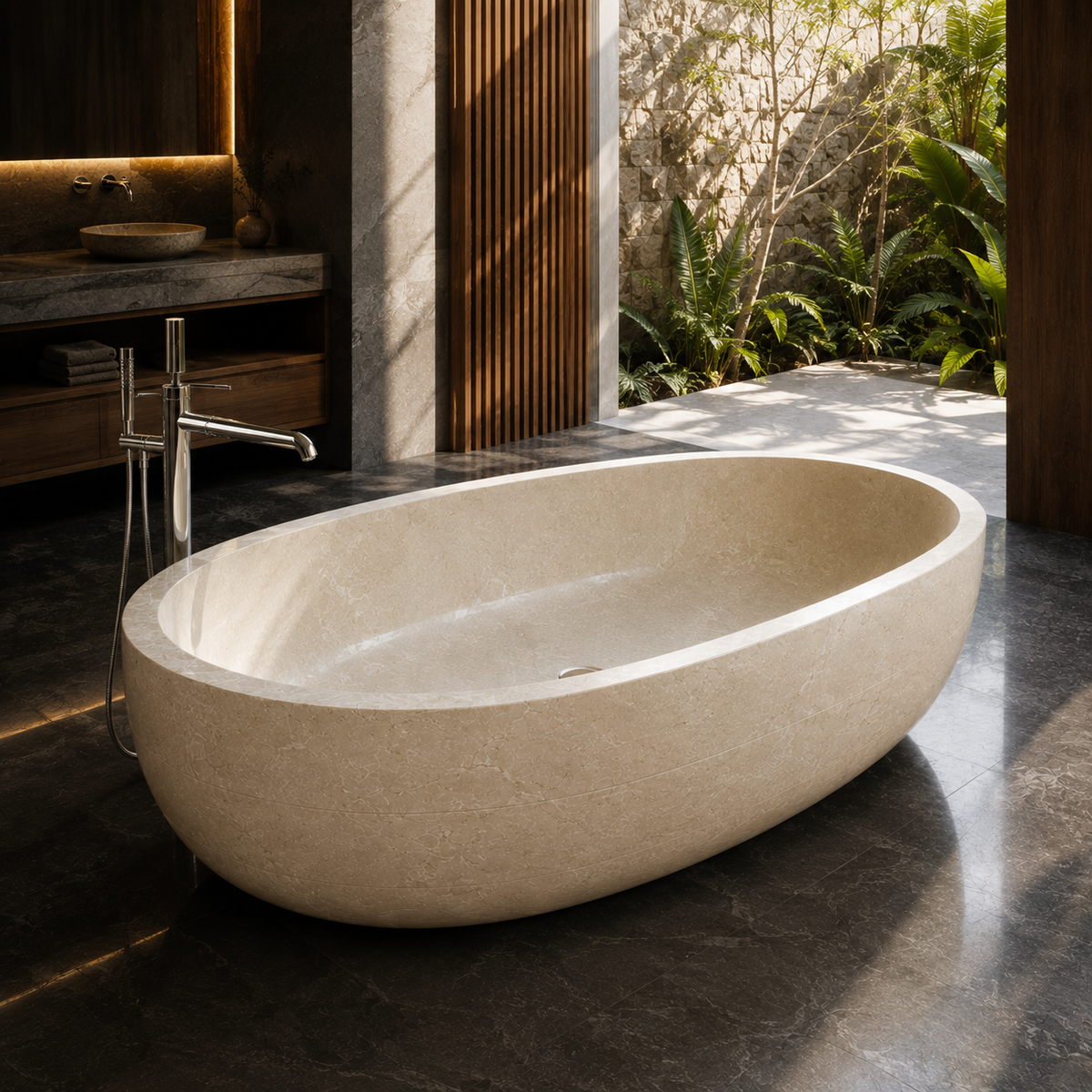 Lumera BT-116A Galala Marble bathtub in dark architectural courtyard bathroom from elevated opposite angle, styled visualization