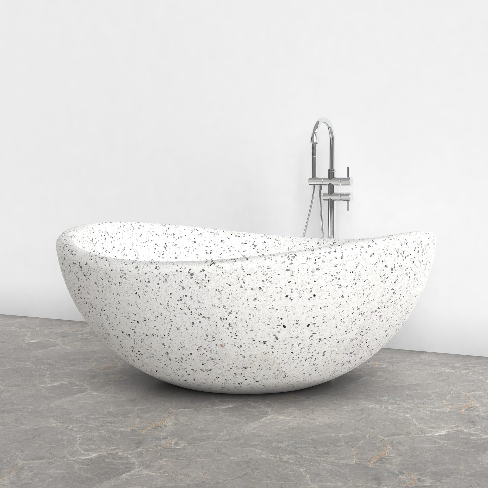 Lunara round freestanding Alba White Terrazzo soaking bathtub, studio three-quarter view