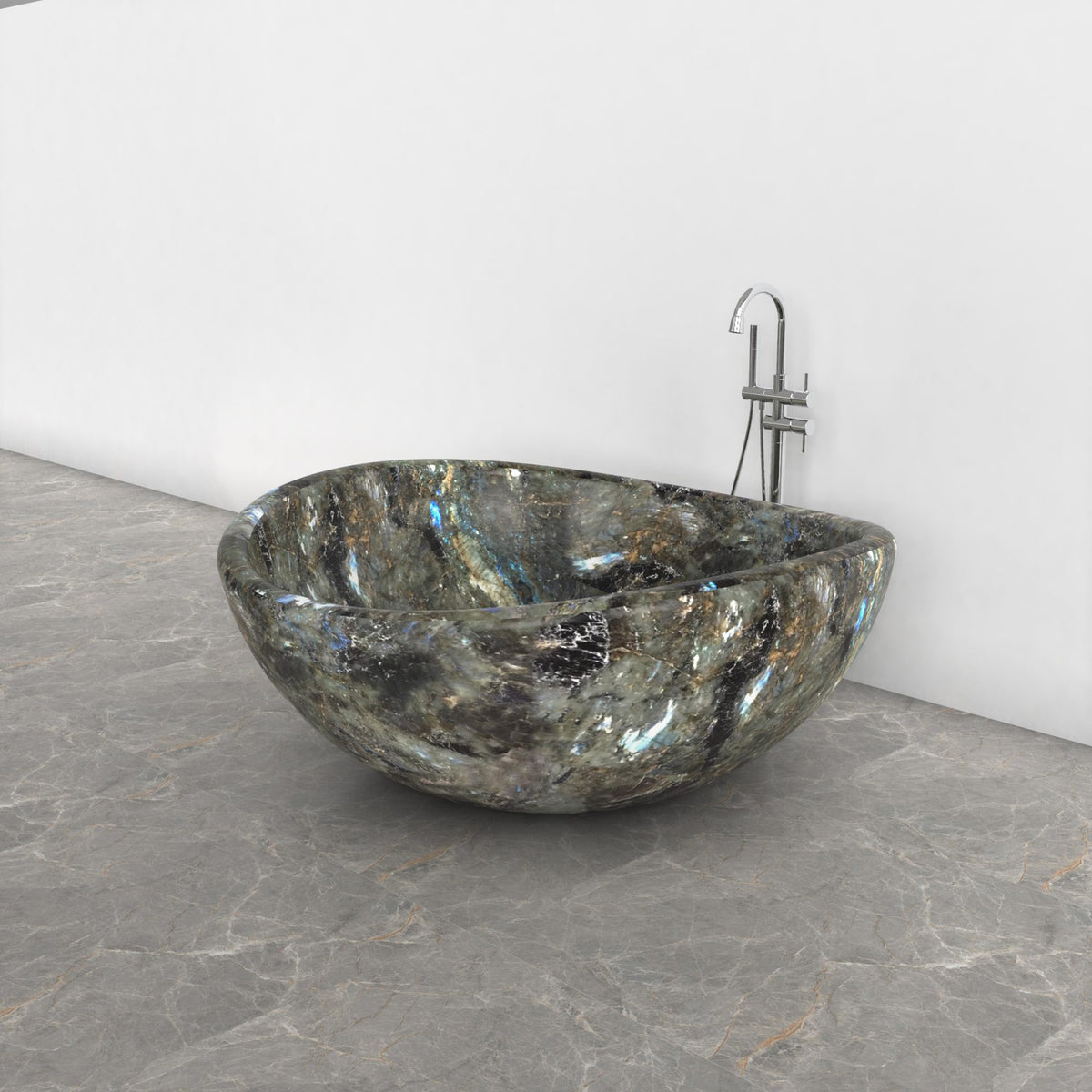 Lunara round freestanding Celestia Blue Quartzite soaking bathtub, studio three-quarter view