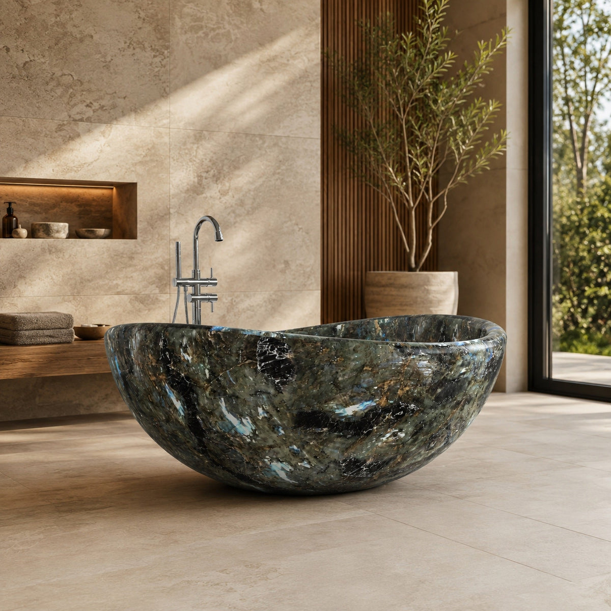 Lunara Celestia Blue Quartzite round freestanding soaking bathtub in a bright architectural bathroom, third lifestyle scene