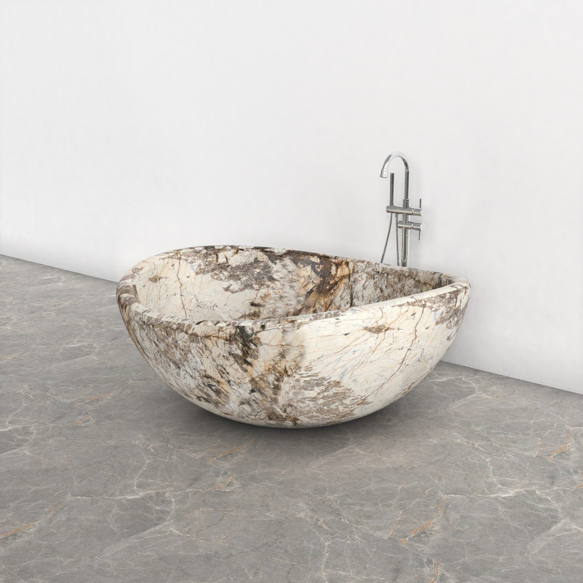Lunara round freestanding Pandora Blanc Quartzite soaking bathtub, studio three-quarter view