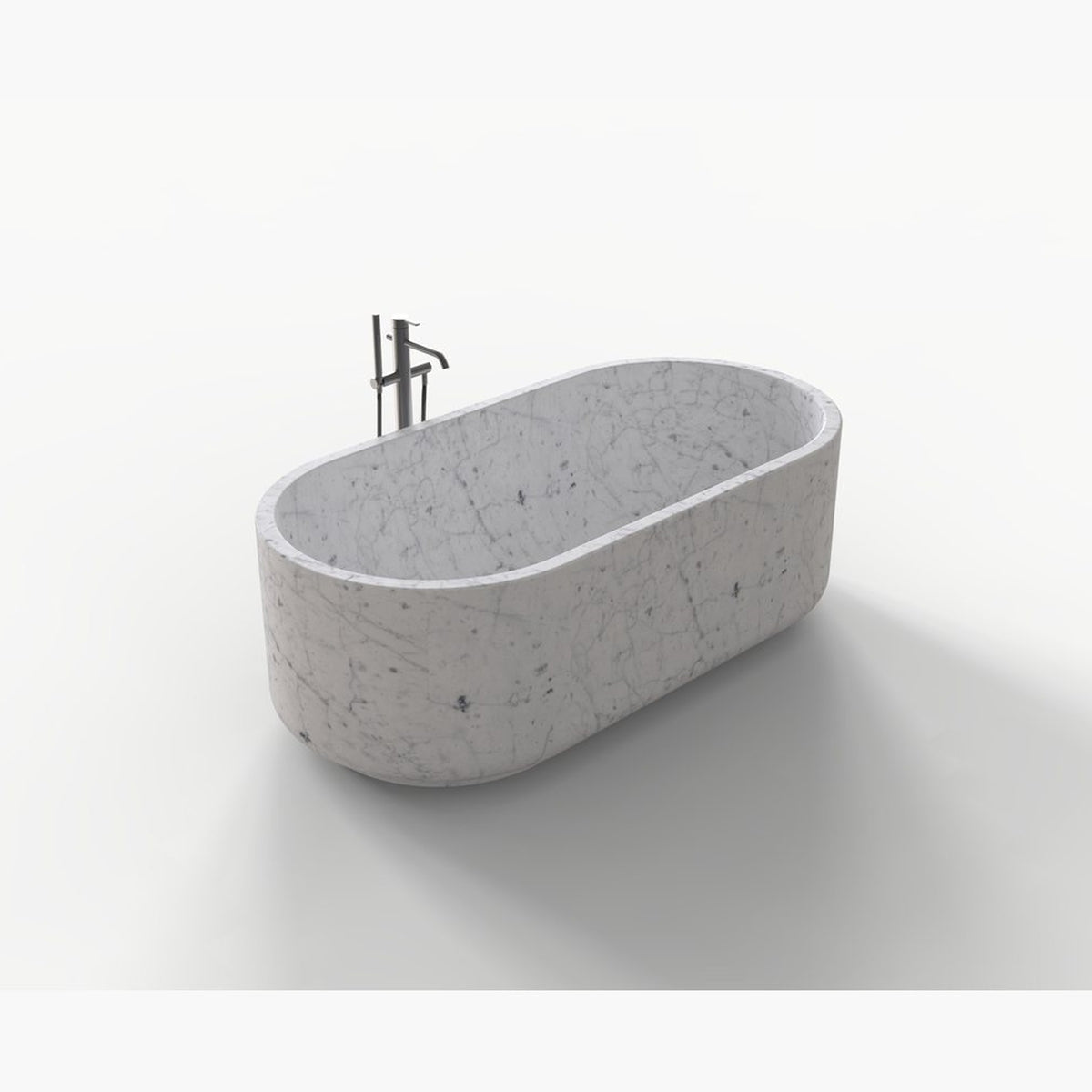 Lysenne BT-130A Carrara White Marble freestanding bathtub design rendering, three-quarter view