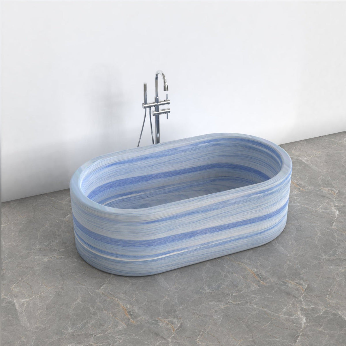 Mavelle Azura Blue Quartzite rounded-rectangle bathtub, studio three-quarter visualization